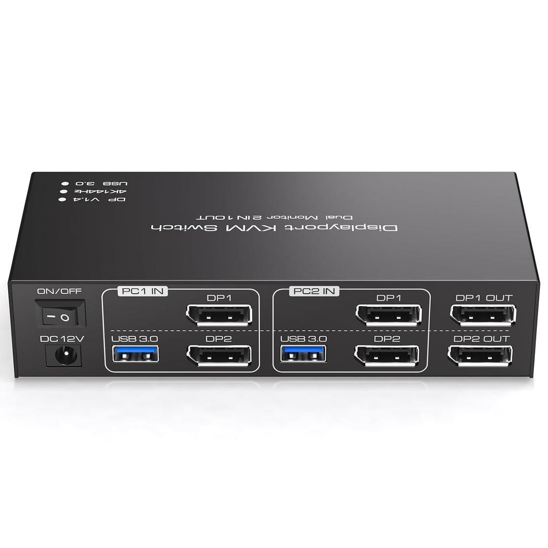 Displayport KVM Switch 2 Monitors 2 Computers 4K@144Hz USB3.0 KVM Switch for 2 Computers Share Dual Displays and 4 USB Devices Support Extended/Copy Mode with Desktop Controller
