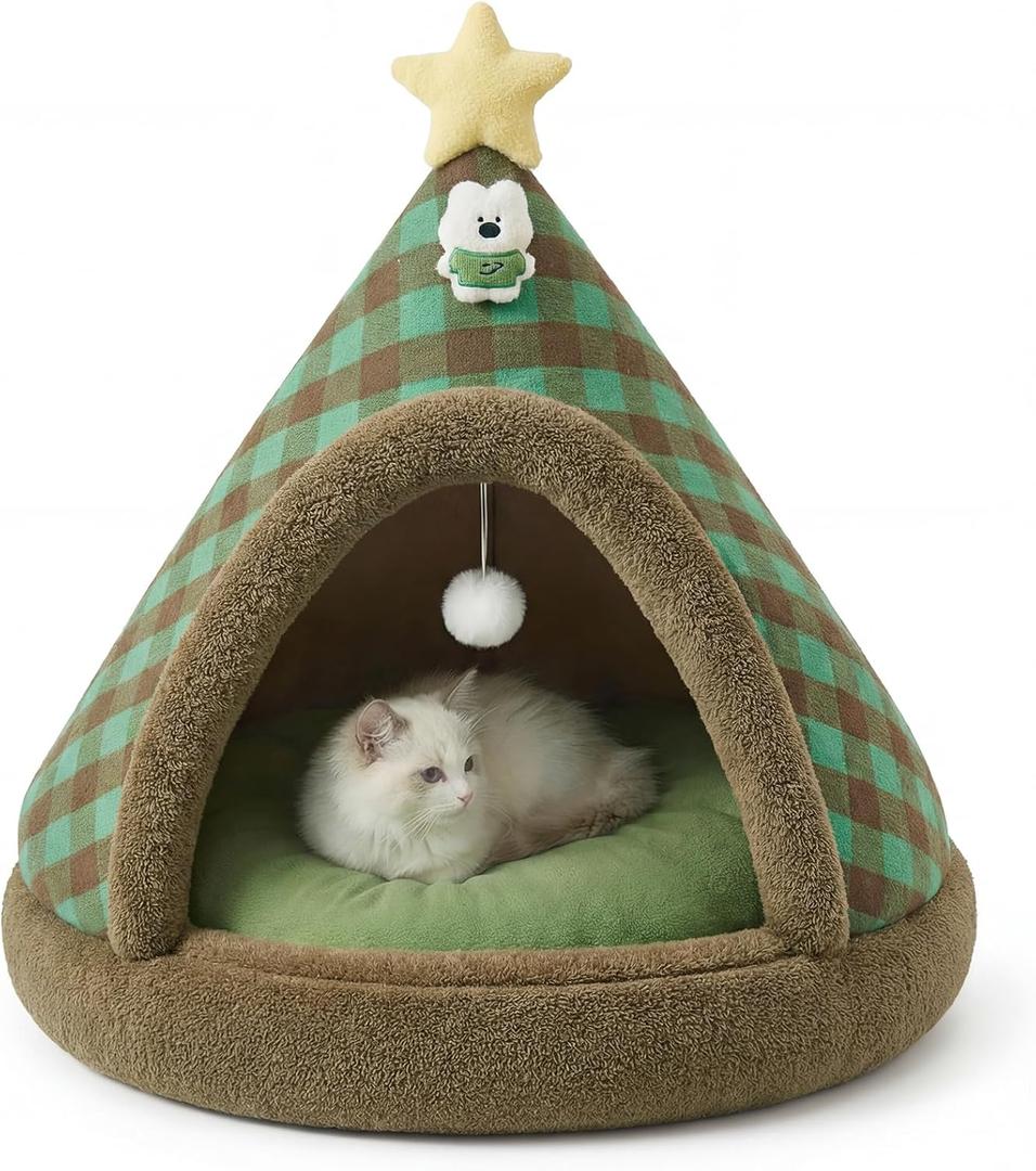 Jiupety Cat Beds for Indoor Cats,Cat House with Removable Washable Cushioned,2-in-1 Cat Bed Cave with Anti-Slip Bottom Ultra-Soft Cat Tent for Kittens and Small Pets,Green 18.9In