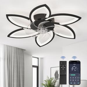 LEDIARY Flower Ceiling Fans with Lights, Small 30 Inch Modern Low Profile Ceiling Fan, Dimmable LED Ceiling Light Fixture, Flush Mount Ceiling Fans with Remote for Bedroom, Kitchen, Indoor-Black