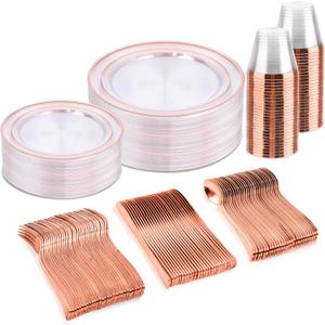 bUCLA 150PCS Clear Rose Gold Disposable Dinnerware set - Rose Gold Plastic Plates Include 25 Dinner / 25 Dessert Plates, 25 Knives, 25 Forks, 25 Spoons, 25 Cups for Party, Wedding & Valentines Day