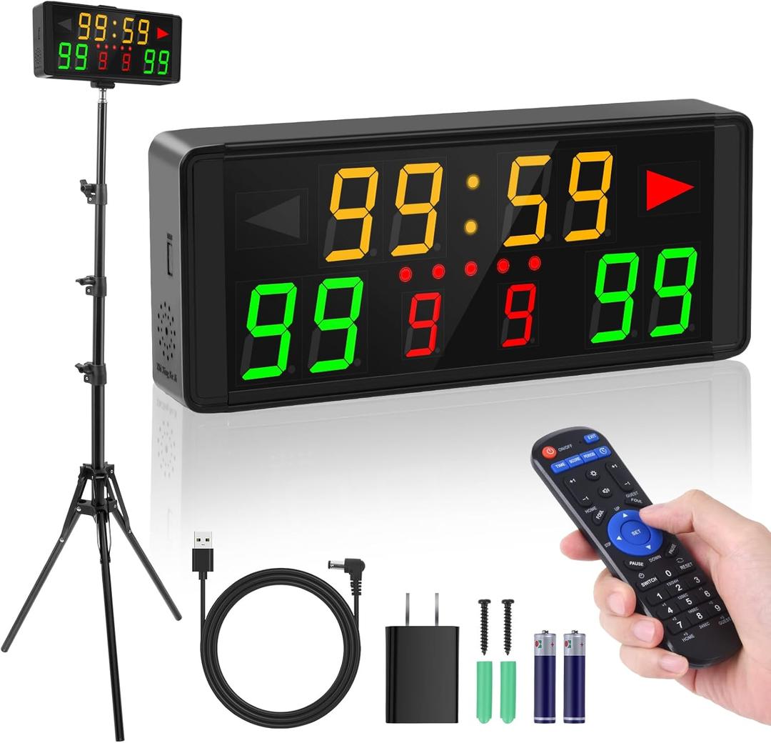 Samshow LED Electronic Scoreboard Digital Score Keeper with Remote & Tripod, Basketball Scoreboard with Shot Clock & Timer & 12/24h Real Time for Football/Corn Hole/ping Pong/Table Tennis