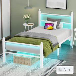 Twin Bed Frames with Headboard and Footboard,White Metal Platform Bed Frame with RGB LED Lights and USB Charging Station,Under Bed Storage,No Box Spring Needed,Suitable for Bedrooms, TWIN SIZE