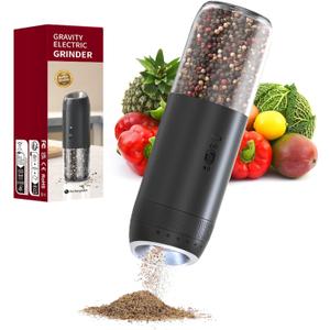 Gravity Electric Salt and Pepper Grinder Set Rechargeable, External Adjustable Coarseness, Automatic Salt and Pepper Shakers Mill with LED Light, 6oz/176ml Large Capacity, House Warming Gifts (1 Pack)