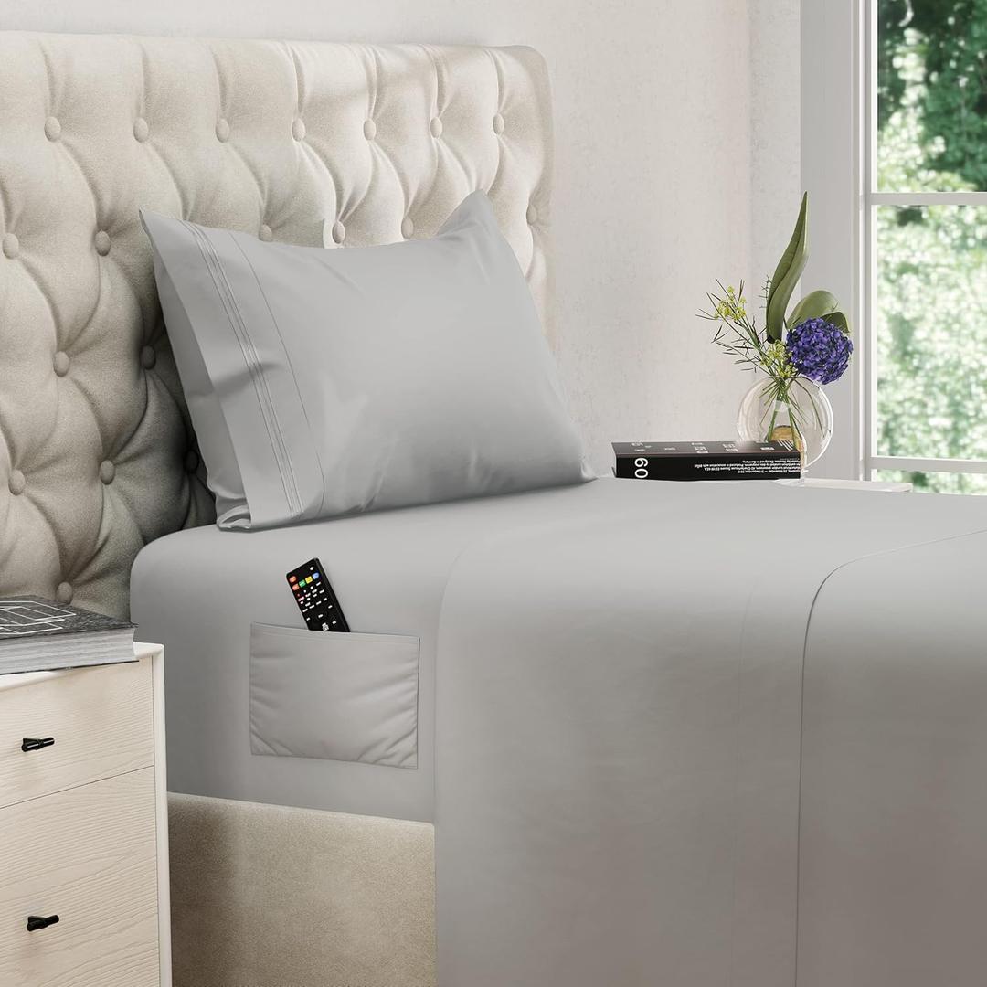 DREAMCARE Twin XL Sheet Sets 3pcs Cooling Sheets up to 21 Extra Deep Pocket Twin XL Sheets Set Hotel Luxury Sheets & Pillowcases Superior Softness 100% Fine Microfiber with Side Pocket LGray (Light Gray)