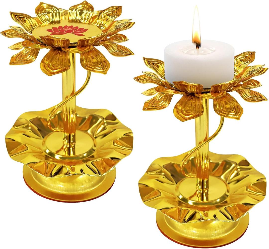 2 Pcs Lotus Candle Holders Metal Gold for Diwali Lotus Ghee Candle Stand Indian Decorations Oil Lamps for Buddha Temple Home Decor