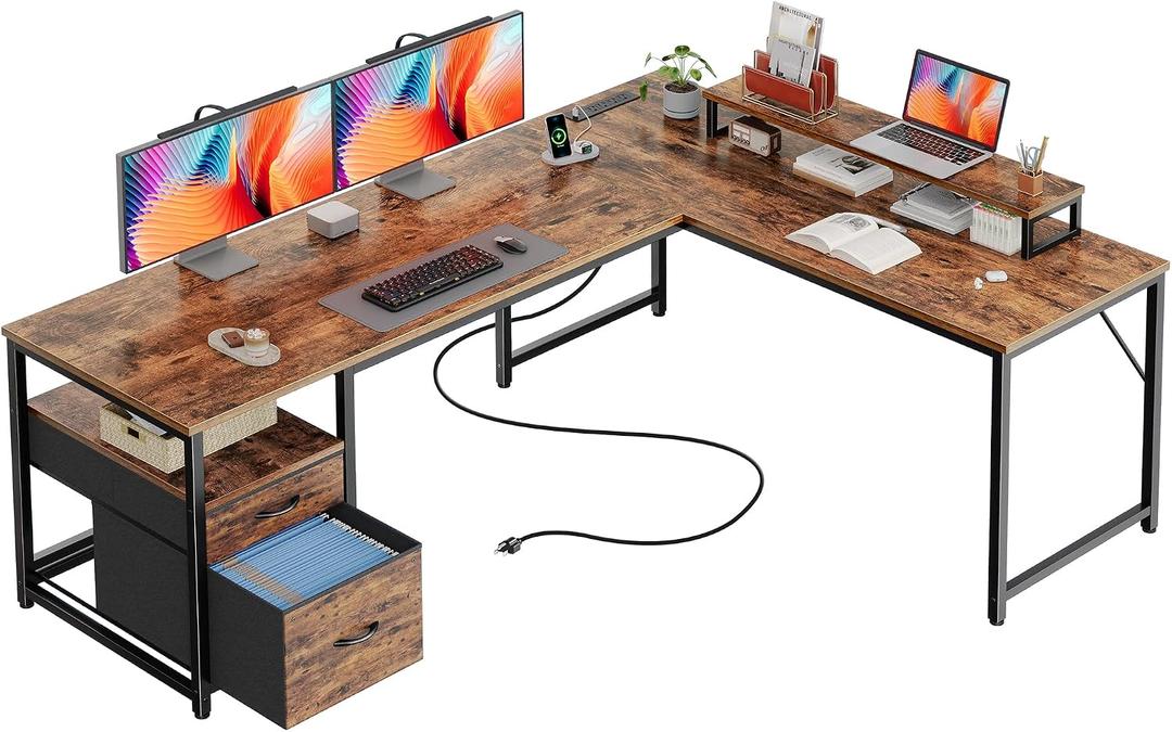 PRAISUN 63 Inch L Shaped Desk with Power Outlets and USB-C Port, Computer Corner Home Office Desk with File Fabric Drawers and Movable Monitor Stand, Larger Storage, Gaming, Writing, Rustic Brown, 43.3"D x 63"W x 29.7"H