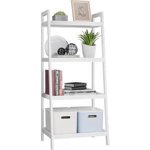 SMIBUY Bamboo Ladder Bookcase, Bathroom Storage Rack Organizer, 4 Tier and 5 Tier Freestanding Plant Display Stand Space Saver Shelves for Bedroom, Kitchen, Balcony (White, 4 Tiers (39" H))
