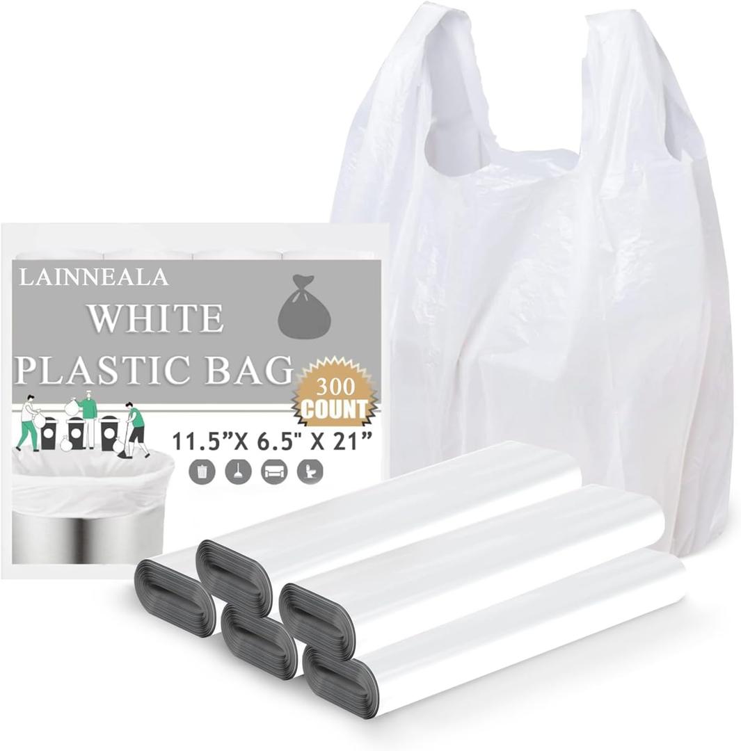 LainNeala Plastic Bags, 300 Count T Shirt Bags, Plastic Bags With Handles For Shopping, White Plastic Grocery Bag For Small Business (11"x 6"x 21"), Recyclable