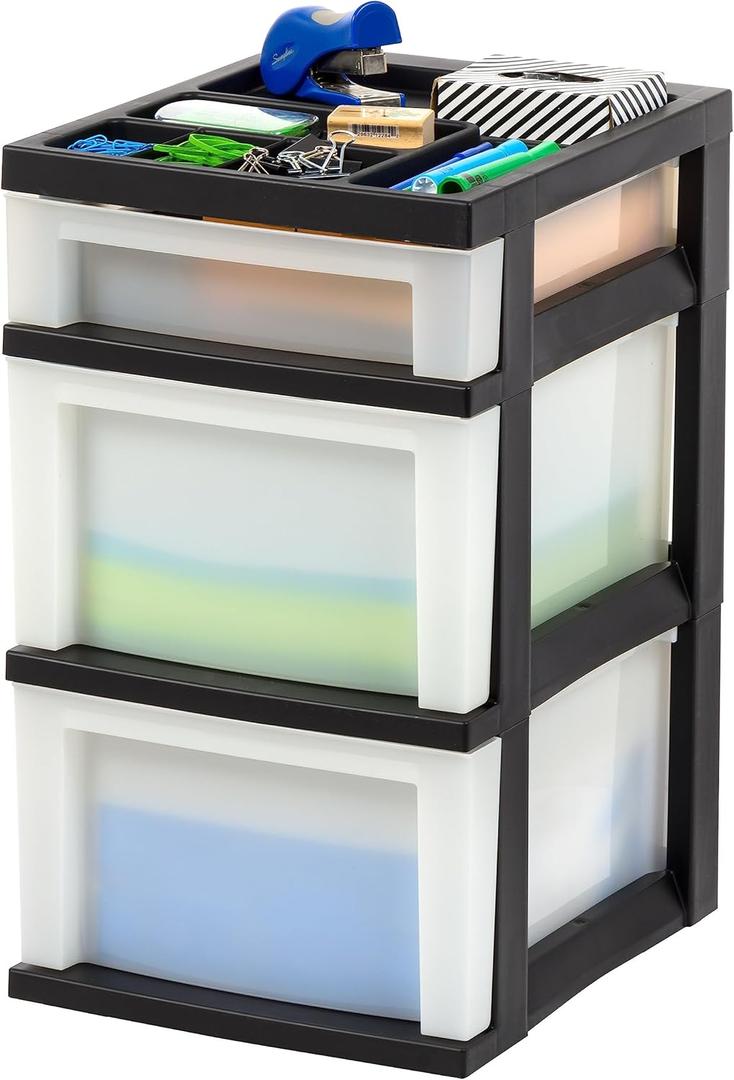 IRIS USA Plastic Drawer Storage Organizer Rolling Cart, 3-Drawers, for Classroom Art Craft Supplies Dresser Closet Bathroom Laundry Room, Black/Pearl