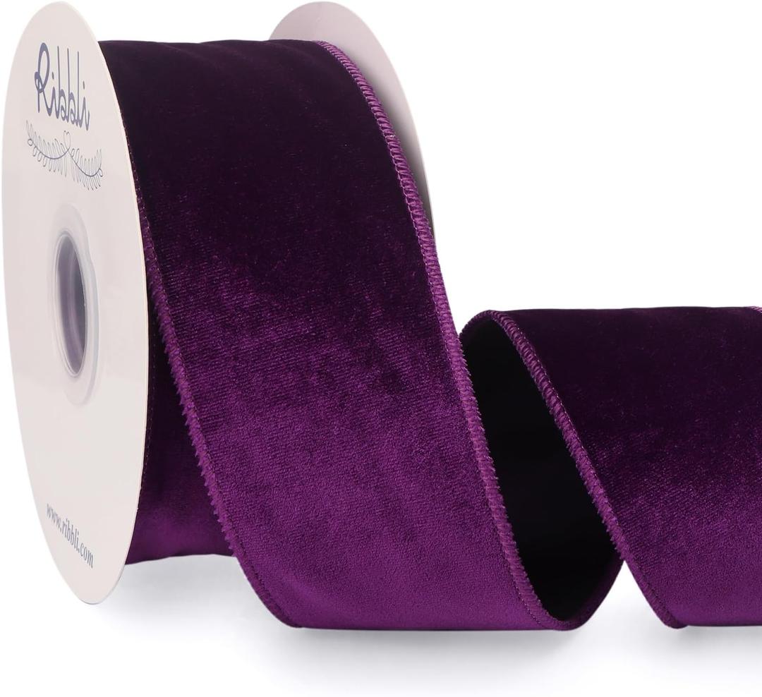 Ribbli Purple Velvet Wired Ribbon 2.5 Inch Velvet with Satin Christmas Ribbon for Gift Wrapping Christmas Tree Decoration Crafts Wreaths Supplies-Continuous 10 Yards