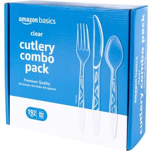 Amazon Basics Disposable Clear Plastic Cutlery Set, Premium Quality, Strong, 192 Count, Large Combo Pack Forks, Spoons and Knives