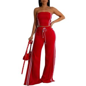 Women's 2 Piece Summer Outfits Strapless Striped Crop Top & High Waist Wide Leg Pants Set Casual Outfit (Red, XS)