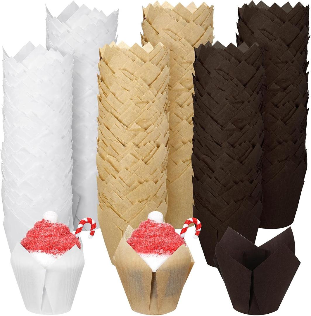 Funtery 600 Pcs Mini Size Tulip Cupcake Liner Mini Tulip Muffin Liners Holders for Baking Cups Parchment Muffin Liner Greaseproof Cupcake Wrappers for Party Wedding Birthday(White, Brown, Beige)