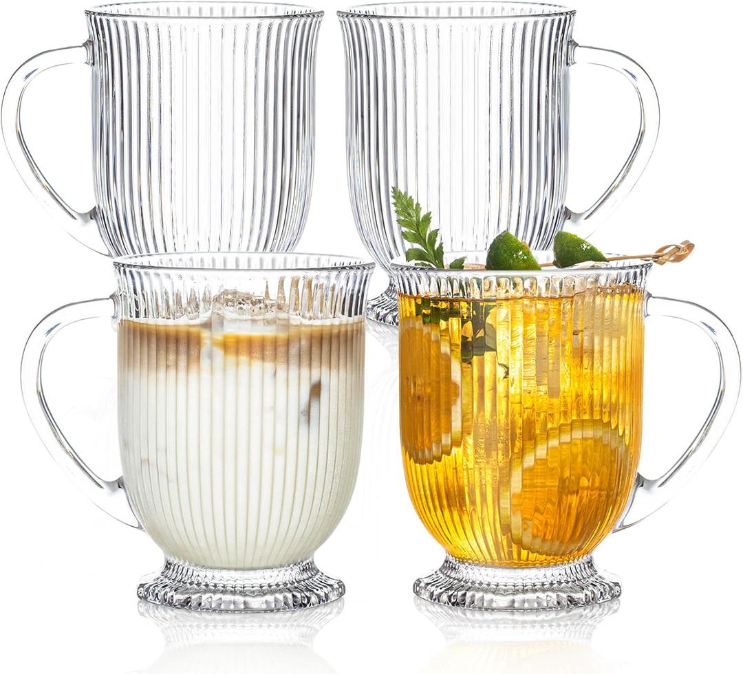 KEMORELA 4-Pack Ribbed Glass Coffee Mugs with Handle, Clear Large Coffee Mug 16 Oz With Handles for Hot Beverages, Durable Tea & Espresso Cups, Stylish Drinkware Set