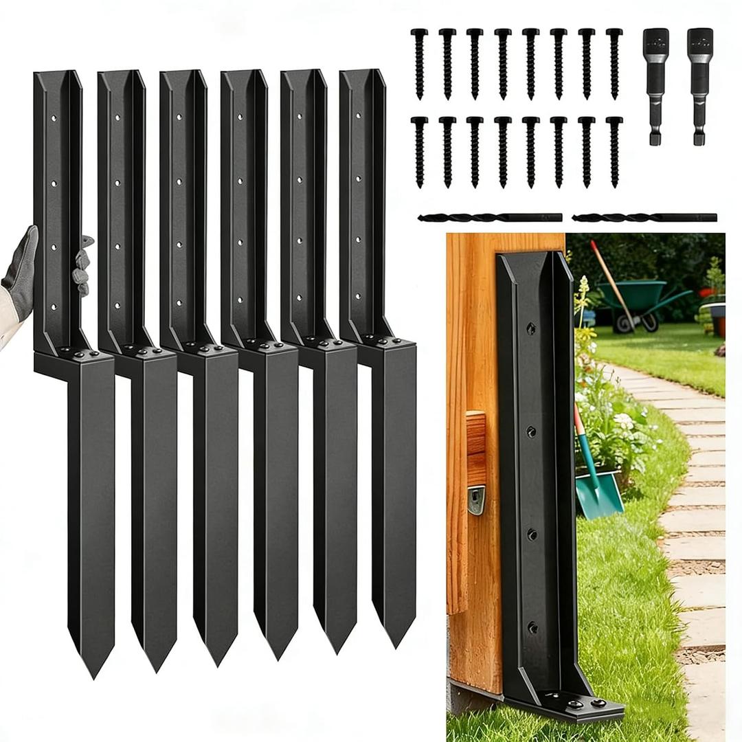 6PCS Fence Post Repair Kit, Heavy Duty Fence Post Anchor Quick Fix for Broken/Leaning Wooden Fence, Easy to Install, Black(16.5+15.75in)