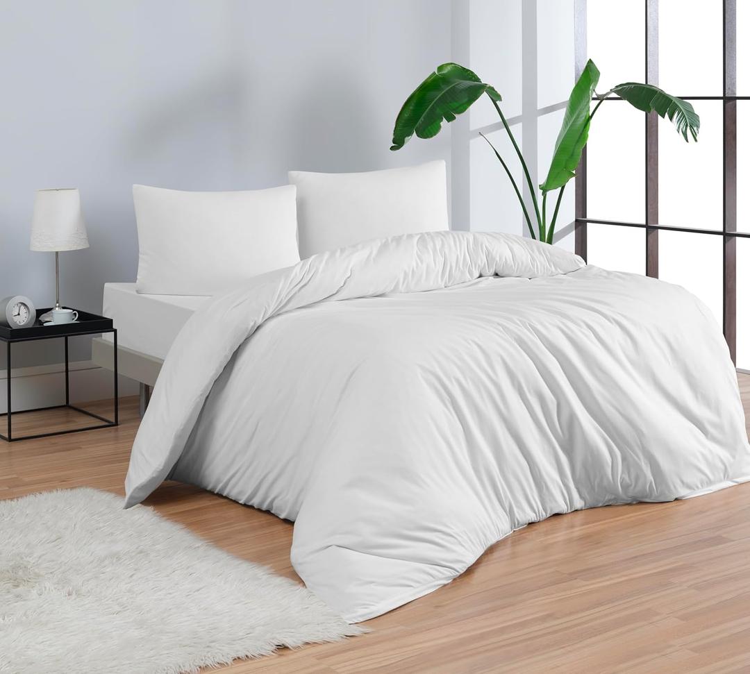 100% Cotton Jersey Duvet Cover Set - Ultra Soft & Breathable - All-Season Comfort - Easy Fit with 4 Corner Ties - Includes 2 Pillowcases - 3-Piece Bedding Set (White, Full/Queen)
