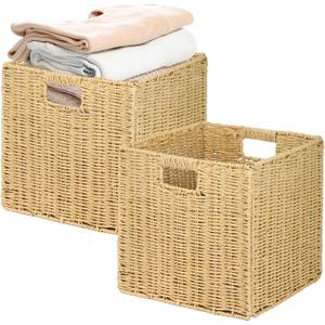 Collapsible Storage Basket 2 Pieces, Shelf Organizer with Insert Handle, 12 * 12 * 12 Inch Hand Woven Seagrass Basket, Suitable for Bedroom Storage and Other Scenarios