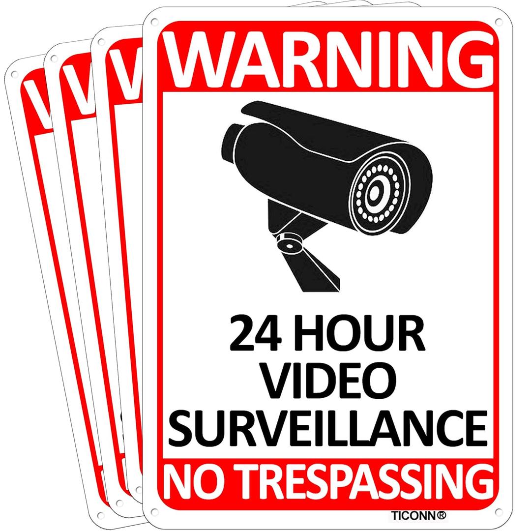 TICONN 4-Pack 24 Hour Video Surveillance Sign, No Trespassing Aluminum Warning Sign, 10x7 for CCTV Security Camera - Reflective, UV Protected