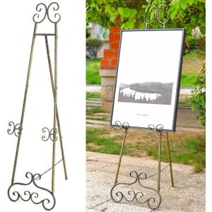 56" H Metal Scroll Extra Large Free Standing Adjustable Display Easel, Vintage Decorative Floor Display Stand Easel with Chain Support for Picture Frame Wedding Sign