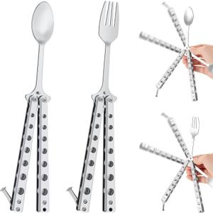 Flutesan 2 Pcs Butterfly Fork and Spoon Set, Tactical Butterfly Spoon Folding Stainless Steel Spork Utensil Set Balisong Trainer for Travel Camping Hunting BBQ Kitchen(Silver)