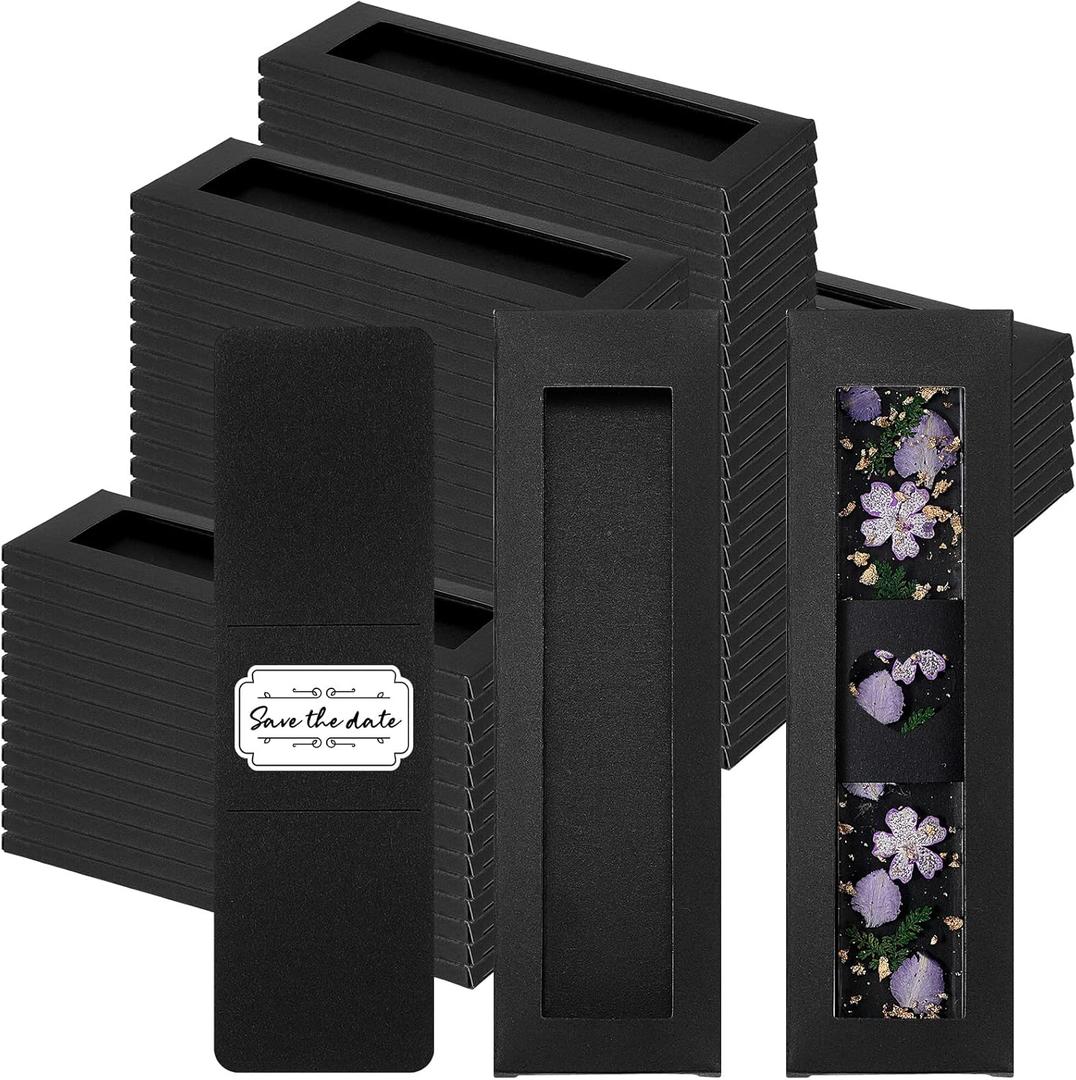 Roowest 50 Set Kraft Bookmark Boxes Sleeves Resin Bookmark Holder 5.9 x 1.8'' Cardboard Gift Boxes DIY Blank Display Cards for Wrapping Gift Supplies(Black)