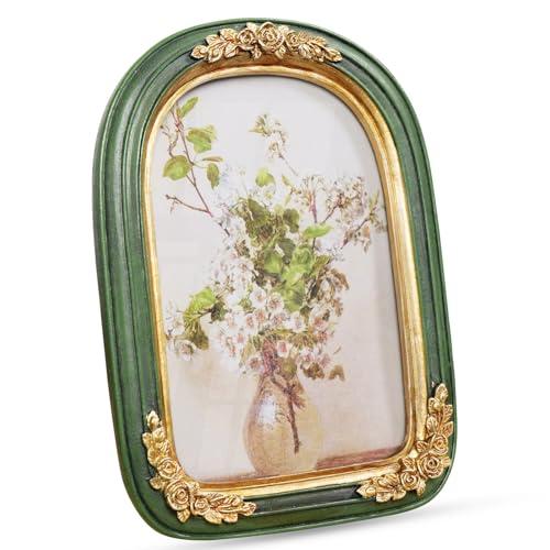 Cuspin Vintage 5x7 Picture Frame Green and Gold Frames, Ornate Arch Picture Frames with Glass Front for Tabletop or Wall Hanging Display, Antique Decorative Photo Frame for Home Decor