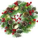 Cabilock Christmas Pillar Candle Wreath Realistic Artificial Pine Needle Decor for Weddings Parties and Holiday Table Centerpieces Versatile Design for Festive Atmosphere, 5 Pack