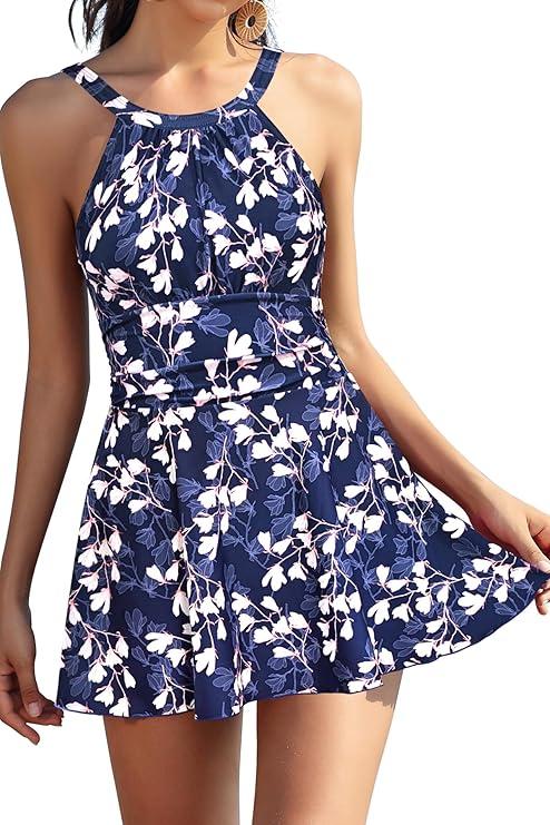 SHEKINI Womens Elegant One Piece Swimdress High Neck Swim Dress Ruched Swim Skirt S SHEKINI Womens Elegant One Piece Swimdress High Neck Swim Dress Ruched Swim Skirt S