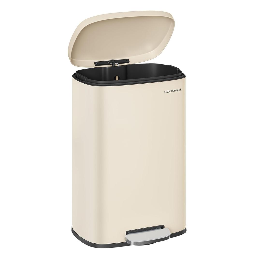 SONGMICS 13 Gallon (50 L) Trash Can, Stainless Steel Kitchen Garbage Can, Recycling or Waste Bin, Soft Close, Step-On Pedal, Removable Inner Bucket, Sand Beige ULTB050A01