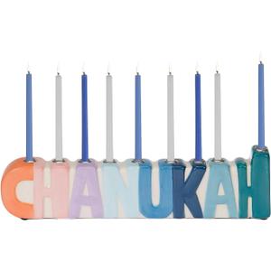 Chanukah Spell Out Pastel Menorah - Exciting & Colorful Multicolor Menorah! Hand Painted Ceramic Hanukkah Gifts Whimsical Design Jewish Holiday Party Favors Candle Holder Festival of Lights 11" L