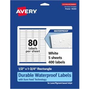 Avery Waterproof Rectangle Labels with Sure Feed, .5" x 1.75", 400 White Labels (36544)