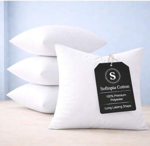 Softopia Cotton Throw Pillow Inserts (Pack of 4, 12"x12", Polyester) - Small Square Cushion Stuffers, Soft Decorative Pillow Forms, Perfect for Accent Chairs, Travel, Sofa, Couch, Living Room, White