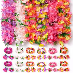 FUTUREPLUSX Hawaiian Leis, 48PCS Luau Party Decorations Including Necklace Headbands and Wristbands for Tropical Themed Party Girl Birthday Decor
