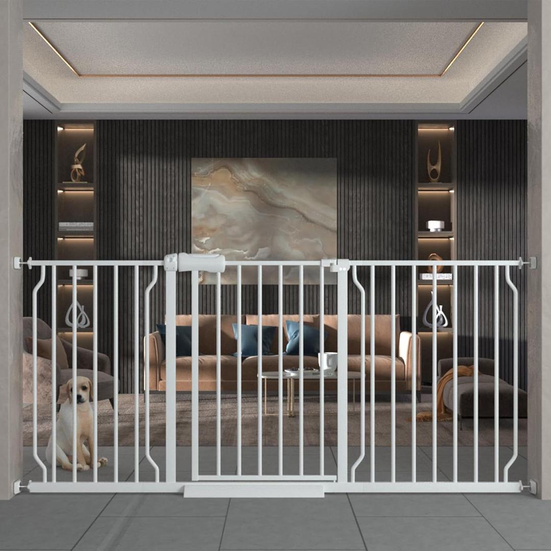 TSAYAWA Extra Wide Walk Through Baby Gate with Door, 62-67 Inch Wide Presure Mounted No Drill Metal Auto Close Child Gate for Stair Doorway - Indoor Outdoor Safty Gate for Toddler Dog Doggie, White