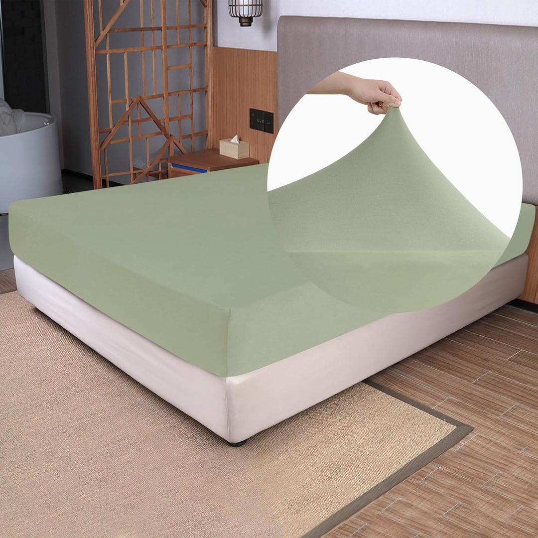 Soft Stretch Queen Size Fitted Sheet Only - Jersey Knit & Cozy T-Shirt Like, 4-Way Stretchy Snug Fit & Wrinkle Free, No More Slipping Mattress Sheets - Sage Green, Queen