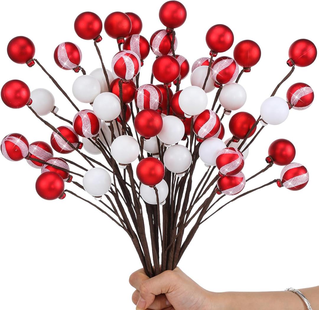 10 Pack 14 inch Red and White Christmas Tree Picks Candy Cane Christmas Ornaments Decorations Glitter Berry Stems with Balls for Xmas Tree Vase Fillers Table Decor Holiday Craft