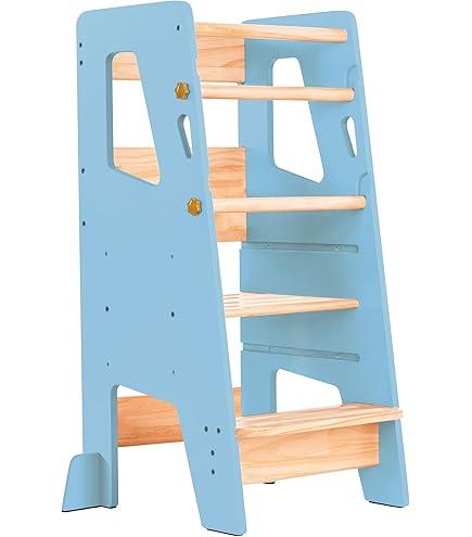 Toddler Tower 4-in-1 Multifunctional Kitchen Stool Helper with Removable Safety Board, Adjustable Heights, Slide, Highchair, Chalkboard, Montessori Games (Wood)