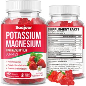 Potassium Magnesium Gummies,High Absorption Magnesium Glycinate,D3 & B6,Potassium Citrate - for Muscle Support, Leg Cramps & Electrolyte Balance - Vegan, Non-GMO, Strawberry Flavor, 60 Count EXP: 05/28/2028