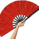 Pack of 3, GeGeYa Large Folding Fan-Hand Fan Popping Fan for Line Dancing Clacking Fans for Boots On The Ground Dance, Party,Outdoor,Decoration (Red Glitter)