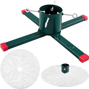 Cinnvoice Live Christmas Trees Stand with White Tree Skirt Real & Artificial Plant Fit Welded Steel Tree Stand Holder with Spike for Live Christmas Fir 5 to 12 Feet Xmas Holiday Decoration