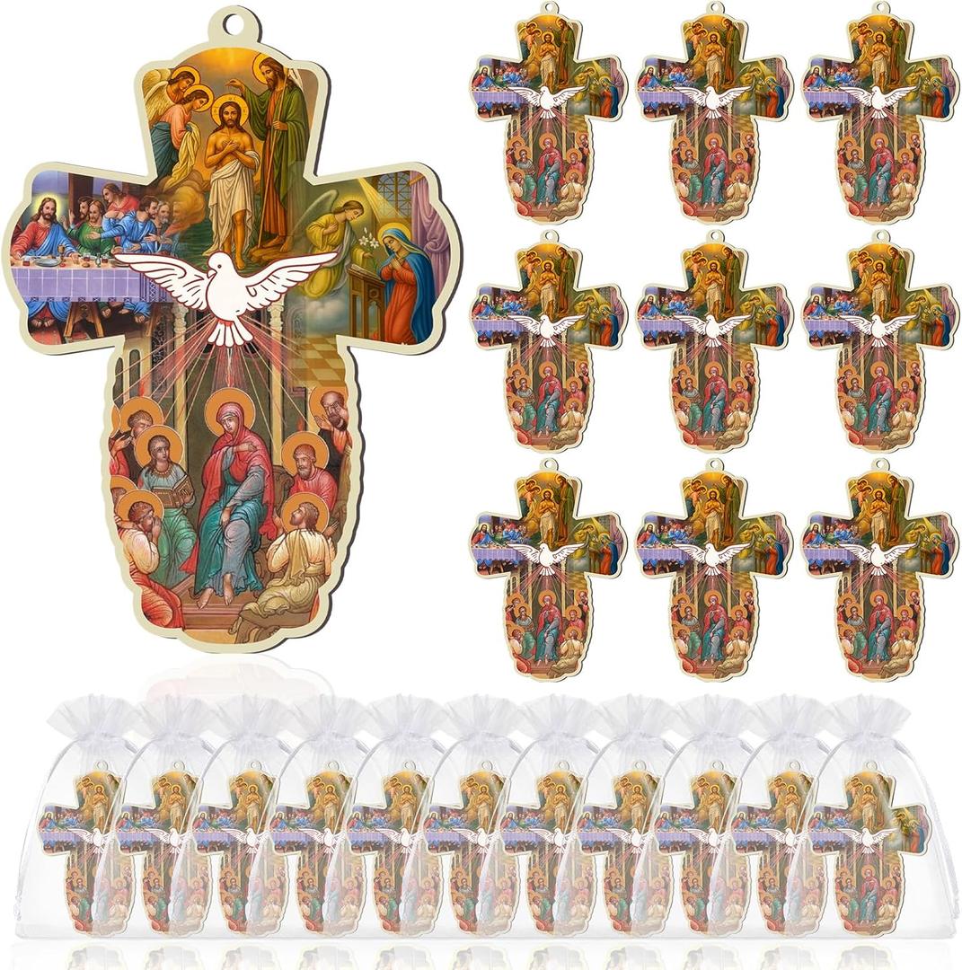 Landical 24 Pcs Holy Spirit Wood Wall Cross Spirit Dove for Wall First Communion Baptism Gifts with Organza Bags for Guests Confirmation Catholic Favors De Bautizo Cruces