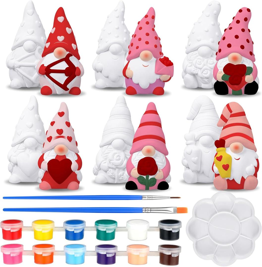 Poen 6 Sets Ready to Paint Your Own Valentine's Day Gnome DIY Unpainted Ceramics Gnome Figurines Kit Drawing Valentine's Day Figurines DIY Art and Craft with Brush Palette Paint Decor Gifts