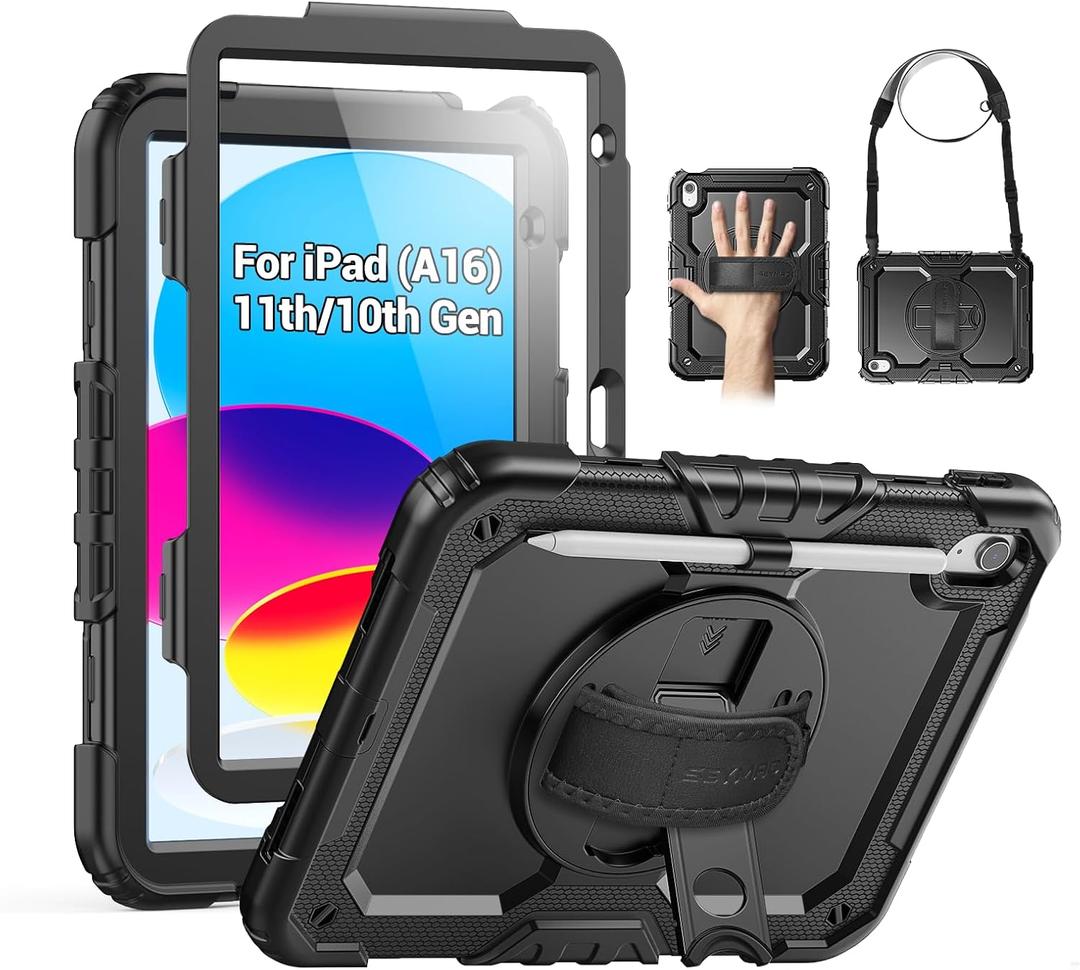 SEYMAC Case for iPad (A16) 11th/10th Generation 2025/2022 (11/10.9), Sturdy Heavy Duty Full-Body Shockproof Protective Case with Screen Protector, Rotating Stand, Hand/Shoulder Strap, Black