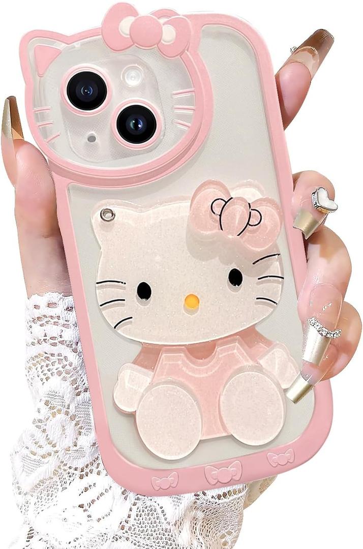 for iPhone 14 Kawaii Cartoon Cute Pink Phone CaseBuilt-in Makeup Mirror for Women Girls, Soft Transparent Protective Pink Phone Case