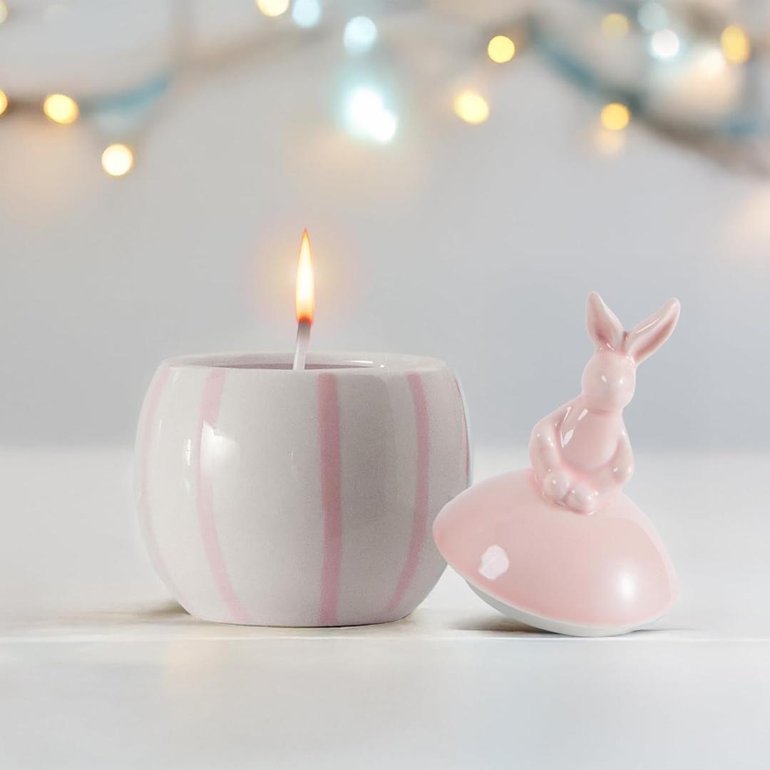 Easter Bunny Candle with Egg Jar and Lid, Easter Decorations Cute Pink Rabbit Aromatherapy, Ceramic Egg Candles for Spring Home Decor, Decorative House Warming Candle Gifts for Friends Women