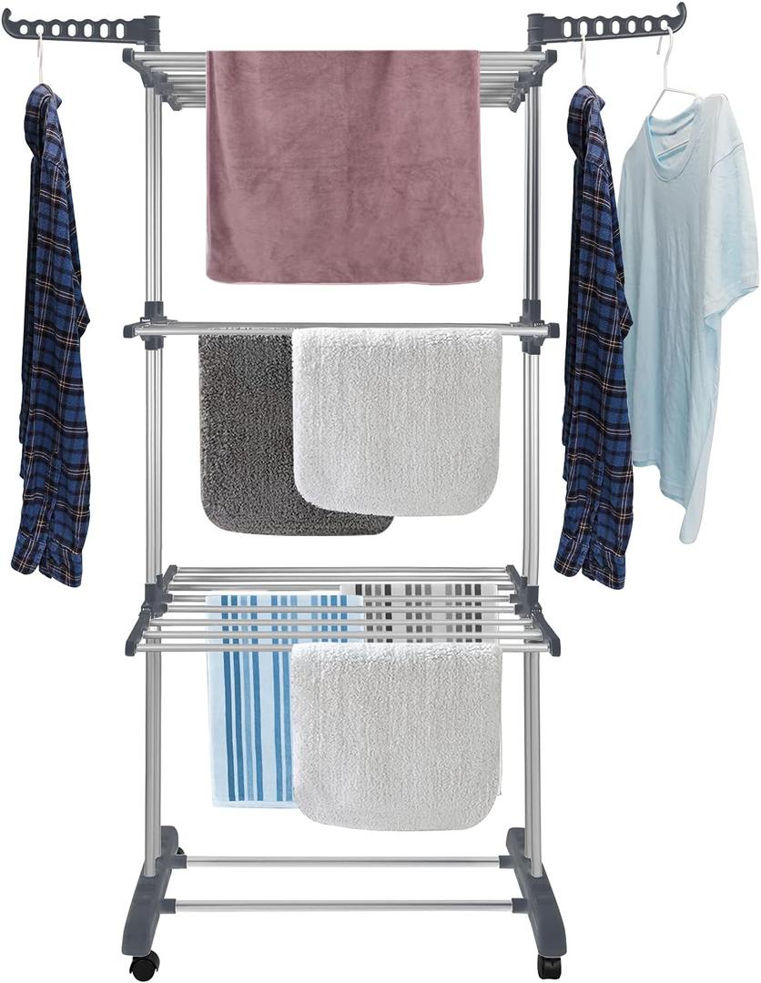 Bigzzia Clothes Drying Rack Folding Drying Rack Clothing 4 Tier Clothes Horses Rack Stainless Steel Laundry Drying Rack with Two Side Wings Grey (Gray)