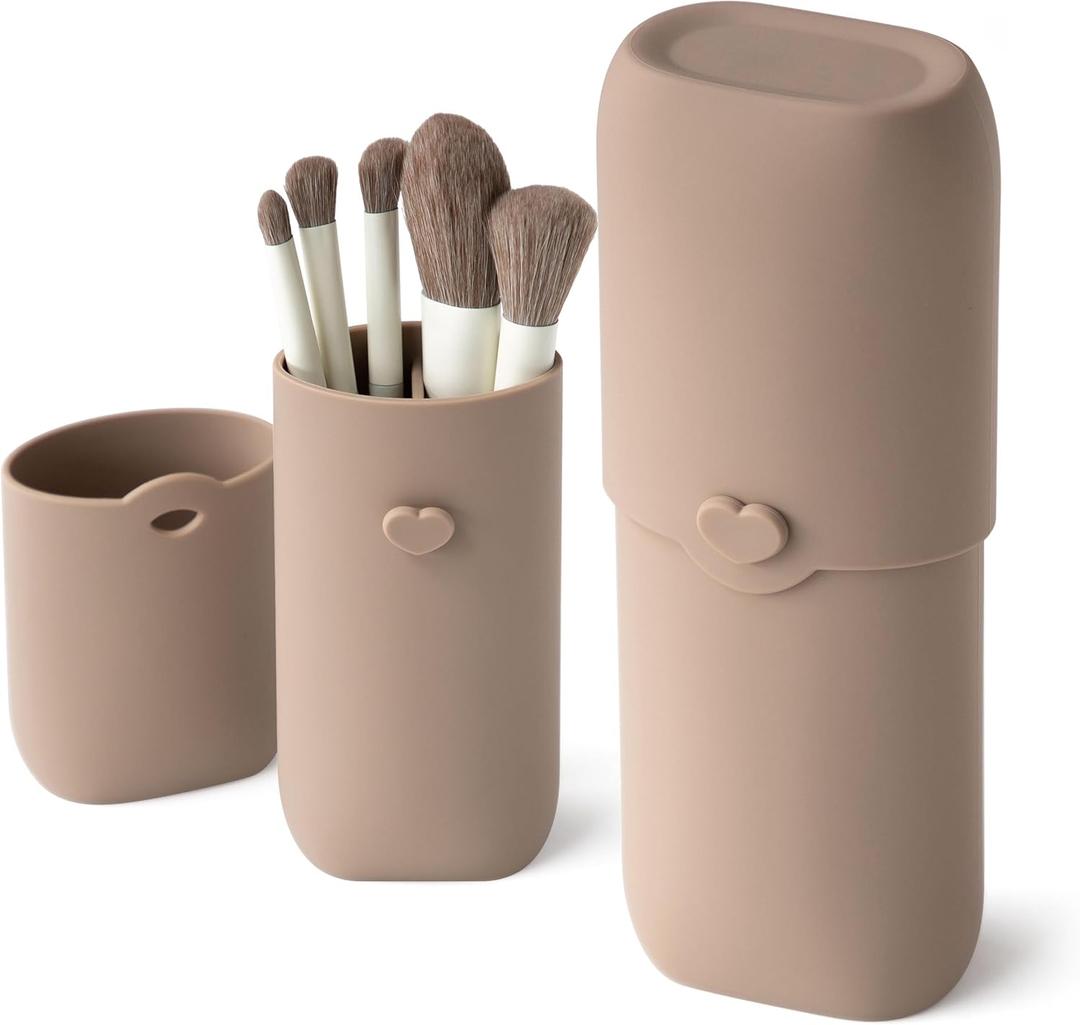 zoka Silicone Makeup Brush Holder, Travel Makeup Brush Case, Portable Makeup Bag Cosmetic Pouch, Anti-Fall Out Cover, Waterproof, Travel Essentials (Warm Taupe)