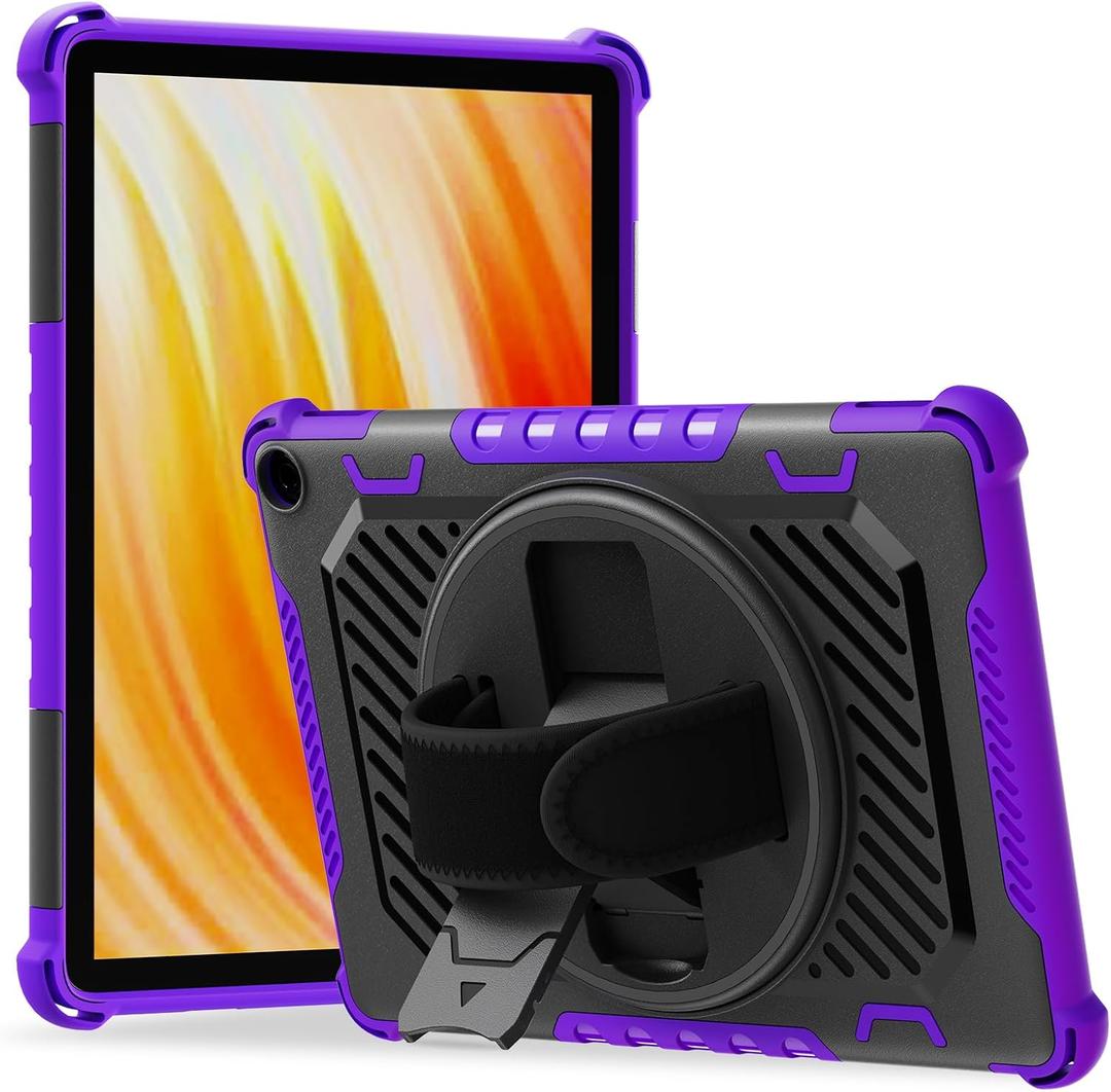 for Flre HD 10 & HD 10 Plus Tablet Case 13th Generation with 360 Rotating Kickstand Hand Strap, Kids Friendly (Black+Purple)