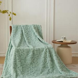 Home Fleece Throw Blanket for Couch, Bed, TV, Party, and Gift - 3D Jacquard Decorative Blankets - Cozy Soft Lightweight Fuzzy Flannel Blanket, All Seasons, 50x70 Inches, Sage Green (50" x 70", Sage Green Jacquard)