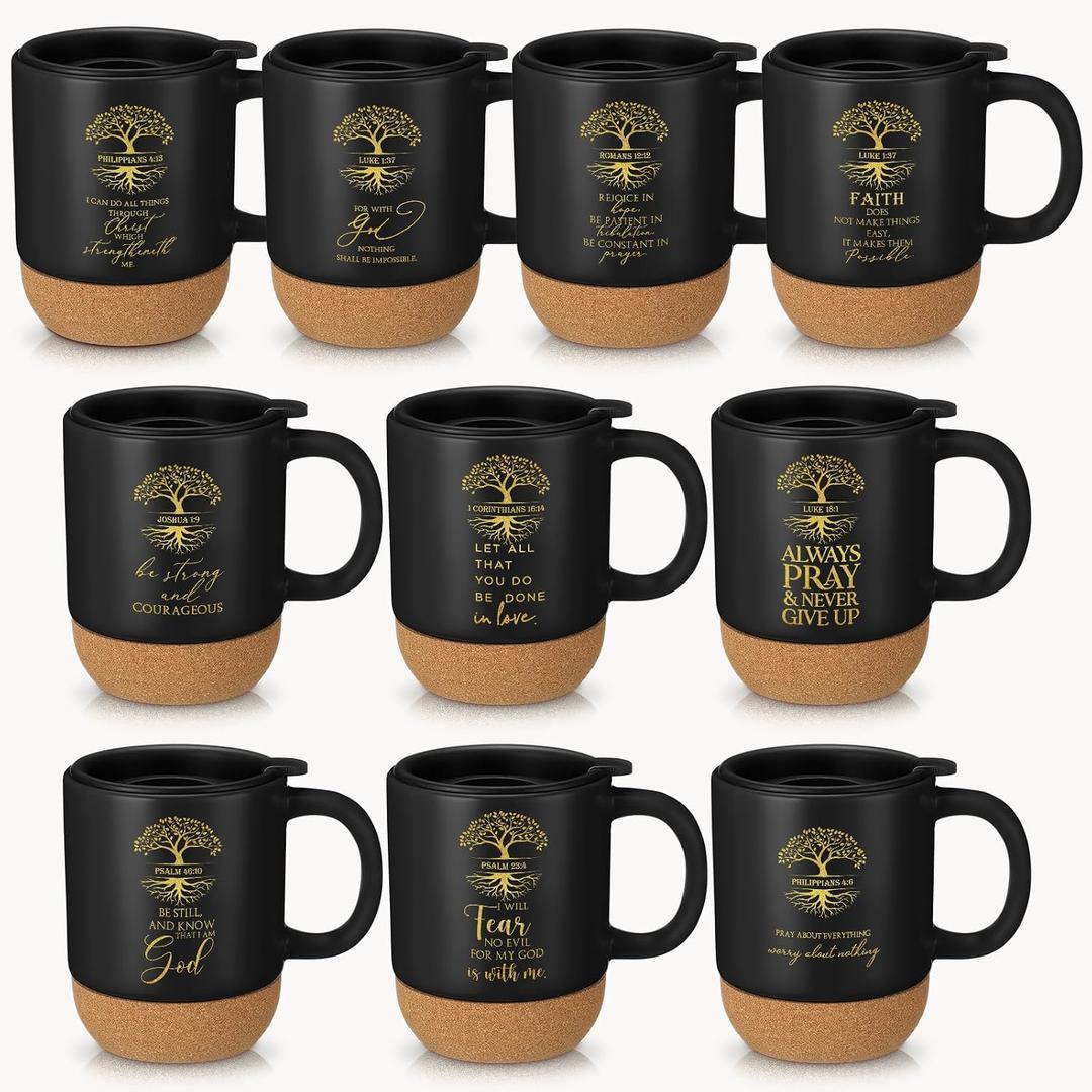 Jingmore 10 Pcs Bible Verse Coffee Mugs Cork Base, Tree, English Quote, 15oz